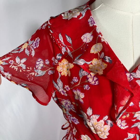 Lush Red Floral Wrap Dress Women's Medium Short Sleeve Ruffle Chiffon Lined - Picture 2 of 15